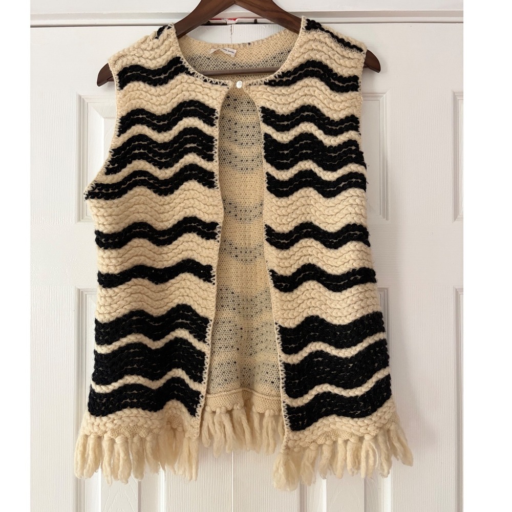 Vintage ILGWU 100% Virgin Wool Knit Vest Wavy Stripe Fringe Cream Black 70s Boho